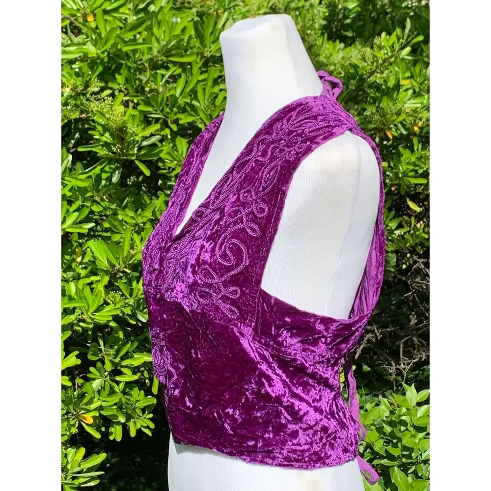 90s Crushed Velvet Festival Top Purple Boho Hippie Embroidery Tie Back Coachella - Picture 5 of 9